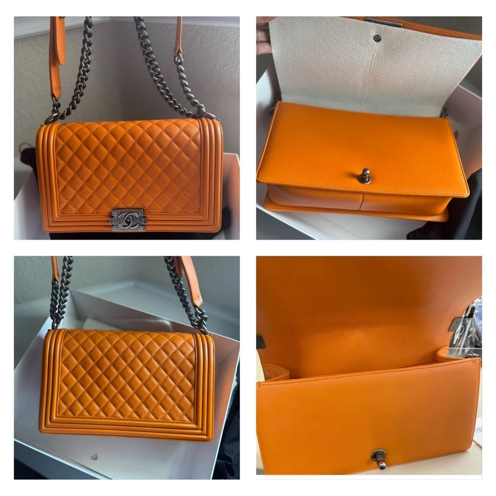 CHANEL Orange Quilted Leather Boy Crossbody Shoulder Boy Bag (Brand New)